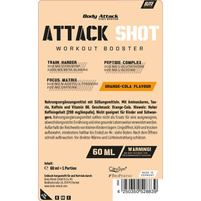 ПРЕДТРЕНИРОВОЧНЫЙ КОМПЛЕКС BODY ATTACK ATTACK SHOT 60 МЛ АПЕЛЬСИН-КОЛА ПРЕДТРЕНИРОВОЧНЫЙ КОМПЛЕКС BODY ATTACK ATTACK SHOT 60 МЛ АПЕЛЬСИН-КОЛА