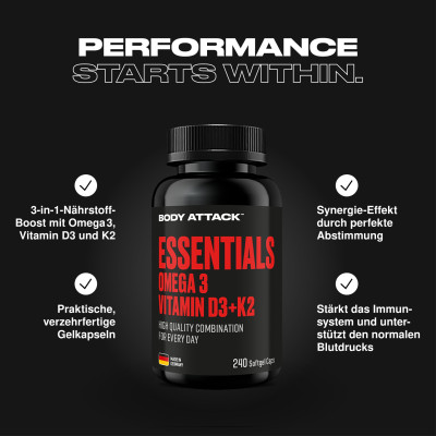 КОМПЛЕКС BODY ATTACK ESSENTIALS OMEGA 3 + D3 + K2 240 CAPS КОМПЛЕКС BODY ATTACK ESSENTIALS OMEGA 3 + D3 + K2 240 CAPS