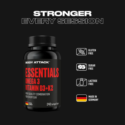 КОМПЛЕКС BODY ATTACK ESSENTIALS OMEGA 3 + D3 + K2 240 CAPS КОМПЛЕКС BODY ATTACK ESSENTIALS OMEGA 3 + D3 + K2 240 CAPS